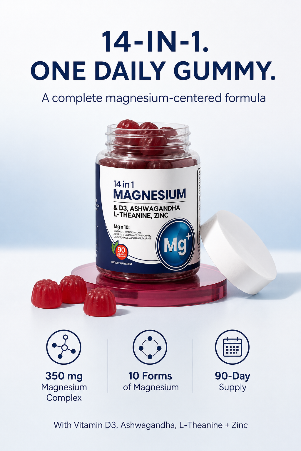 14-in-1. One daily gummy — open jar with mixed berry gummies